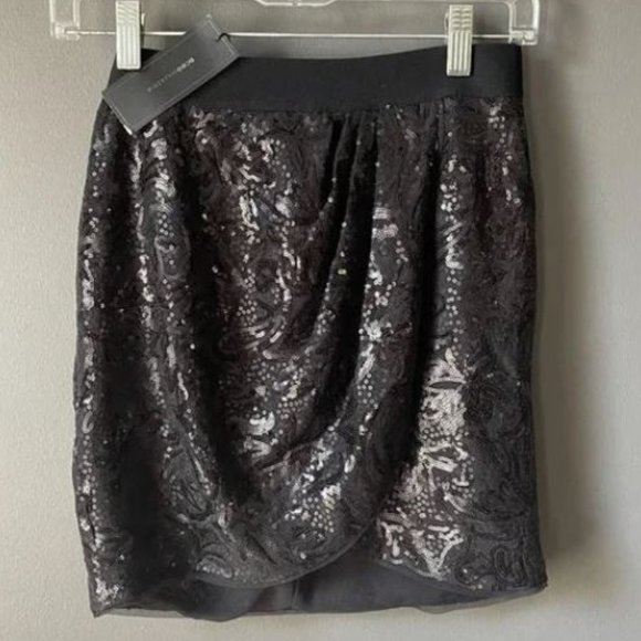 NWT BCBG MaxAzria Joanne Pull On Black Sequin Wrap Mini Skirt XS - Picture 2 of 4